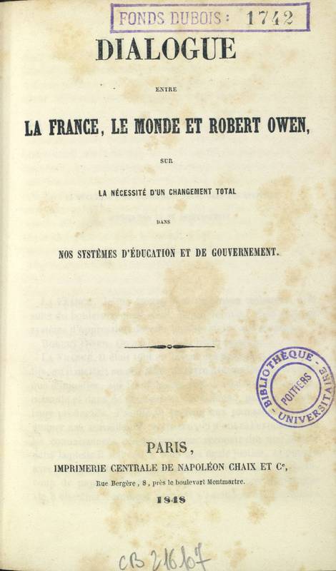 <p style="margin-bottom:0cm;">Page de titre du <em>Dialogue entre la France, le monde et Robert Owen</em></p><br />
<p> </p>