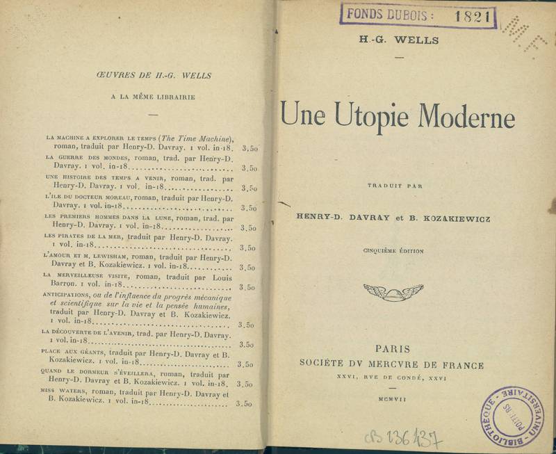 <p>Premières pages d'<em>Une Utopie moderne</em> de H. G. Wells</p>
