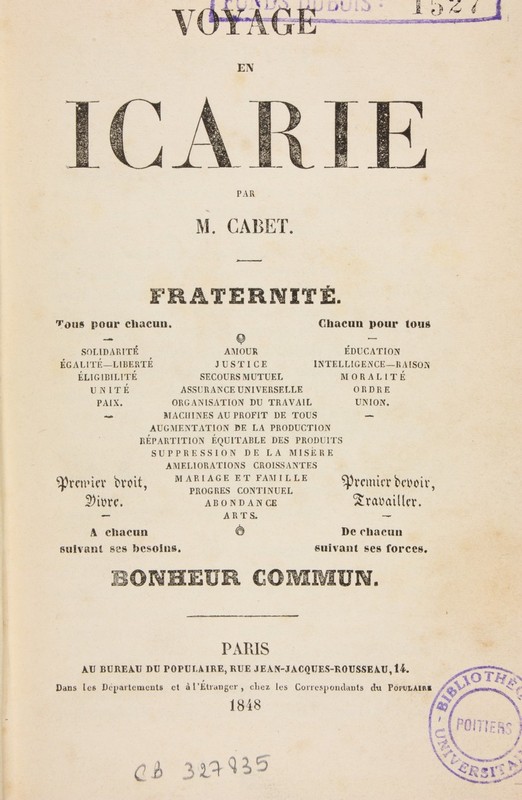 <p>Page de titre de l'édition de 1848 de <em>Voyage en Icarie</em></p>