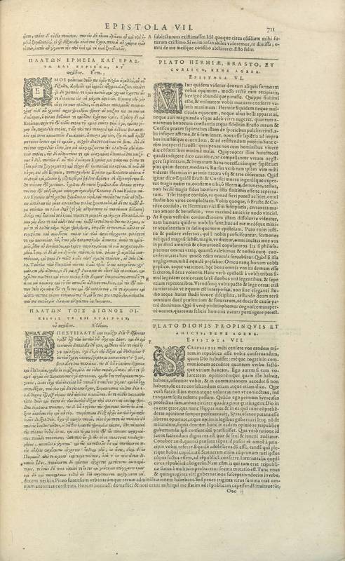 <p>Page d'une édition du XVI<sup>e</sup> siècle des œuvres complètes de Platon</p>